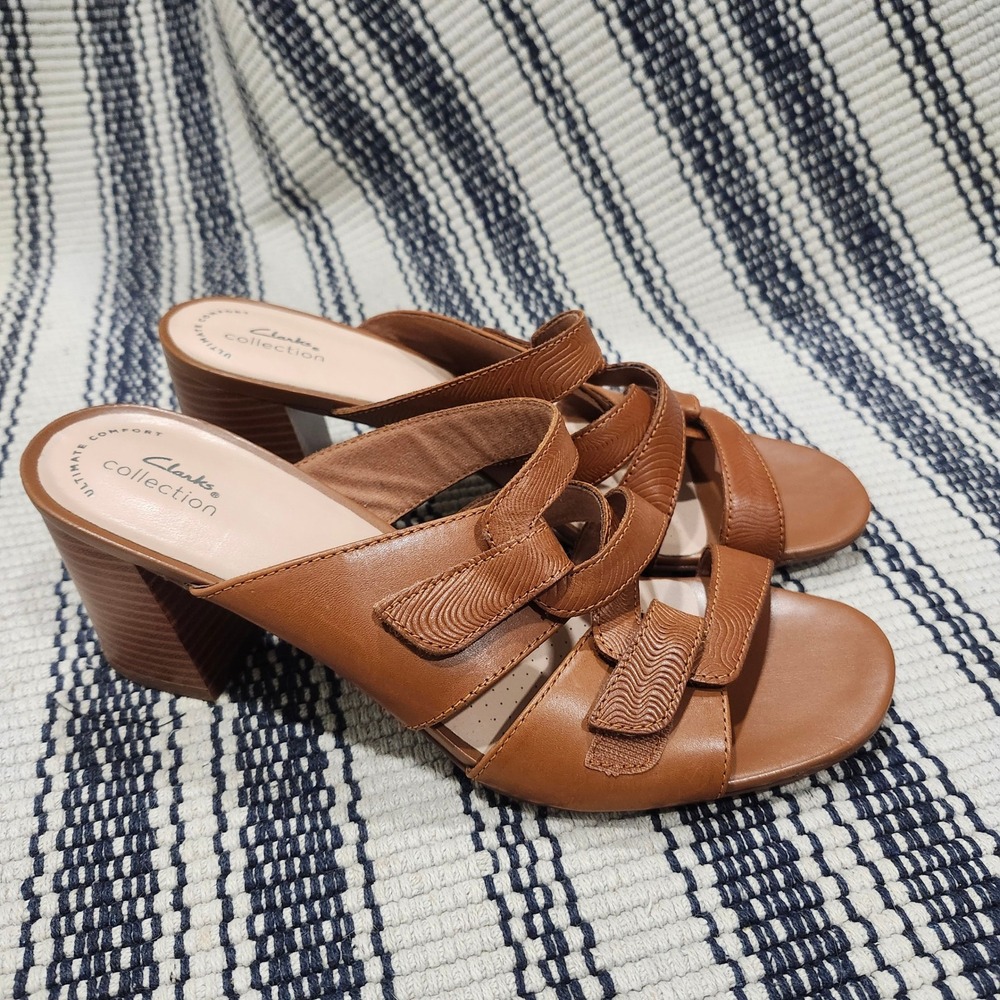 Clarks Collection Tan Leather Multi Strap Block Heel Slide Sandals Women 8.5 M